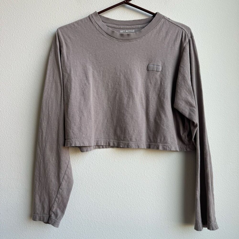 Set Active Shirt Womens Small Brown Crop Long Sleeve Pullover Cotton Crew Neck
